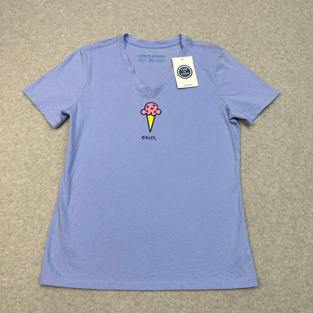 Life is Good Class Chill Ice Cream Short Sleeve Tee Womens XS Periwinkle V-Neck